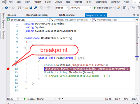 breakpoint op de regel waar de books list wordt gemaakt